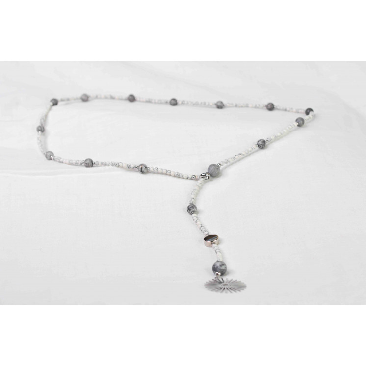Collier LYA - Pendentif Soleil en Howlite blanche et Jaspe grise