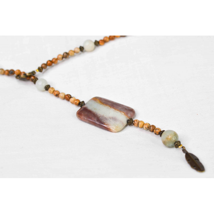 Collier LYA - Pendentif Plume en Jaspe Paysage et Amazonite