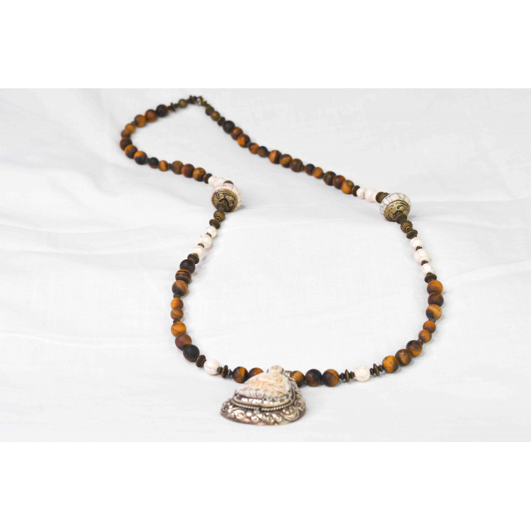 Collier Ethnique - Grand Modèle Bouddha - Œil de Tigre mate Howlite