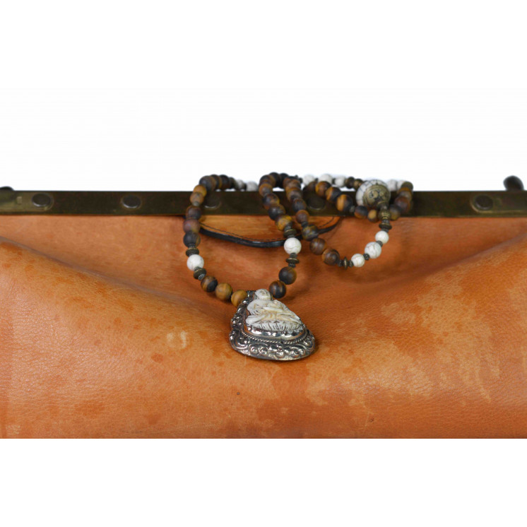 Collier Ethnique - Grand Modèle Bouddha - Œil de Tigre mate Howlite