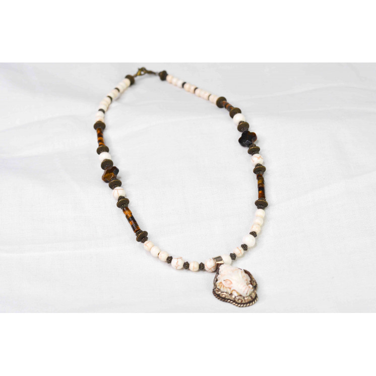 Collier Ethnique - Petit Modèle Ganesh - Howlite et Œil de Tigre