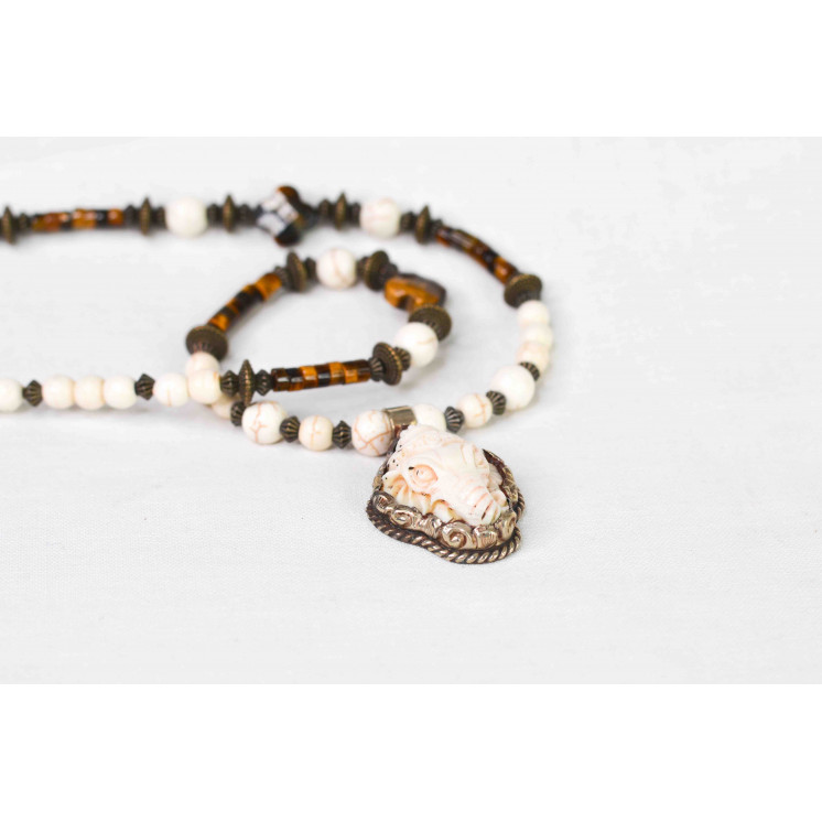 Collier Ethnique - Petit Modèle Ganesh - Howlite et Œil de Tigre