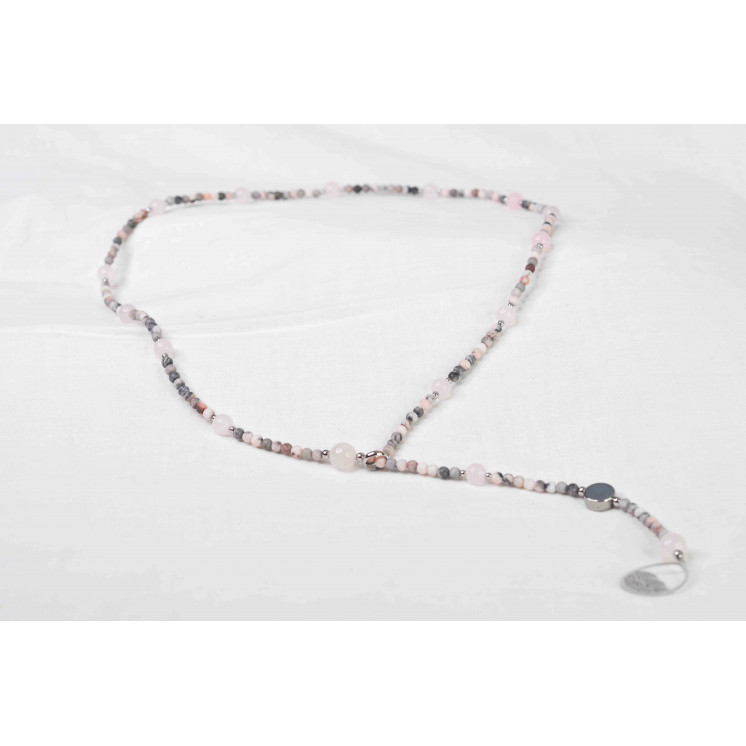 Collier LYA - Pendentif Larme en Jaspe Zebra rose et Quartz rose