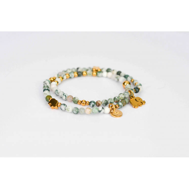 Bracelet LINA Double - Motifs Éléphant et tortue en Agate Arbre