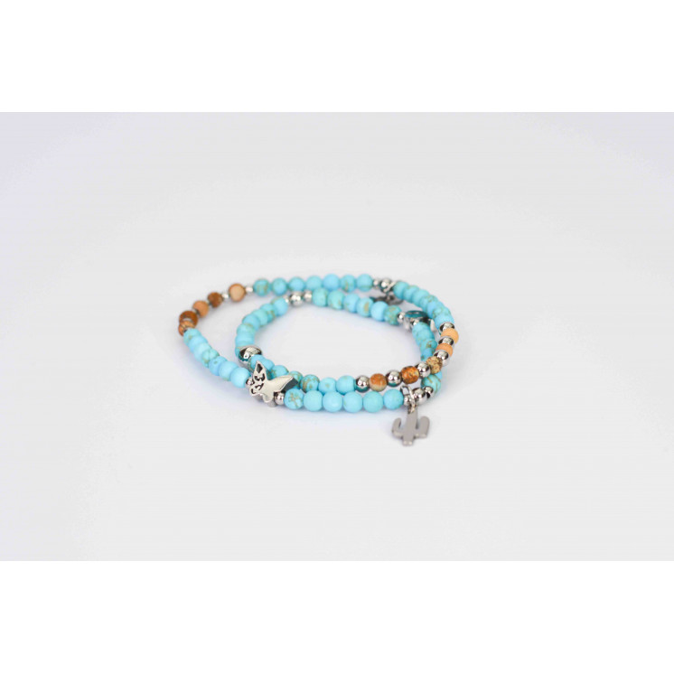 Bracelet LINA - Turquoise et Jaspe Paysage mate Papillon et cactus