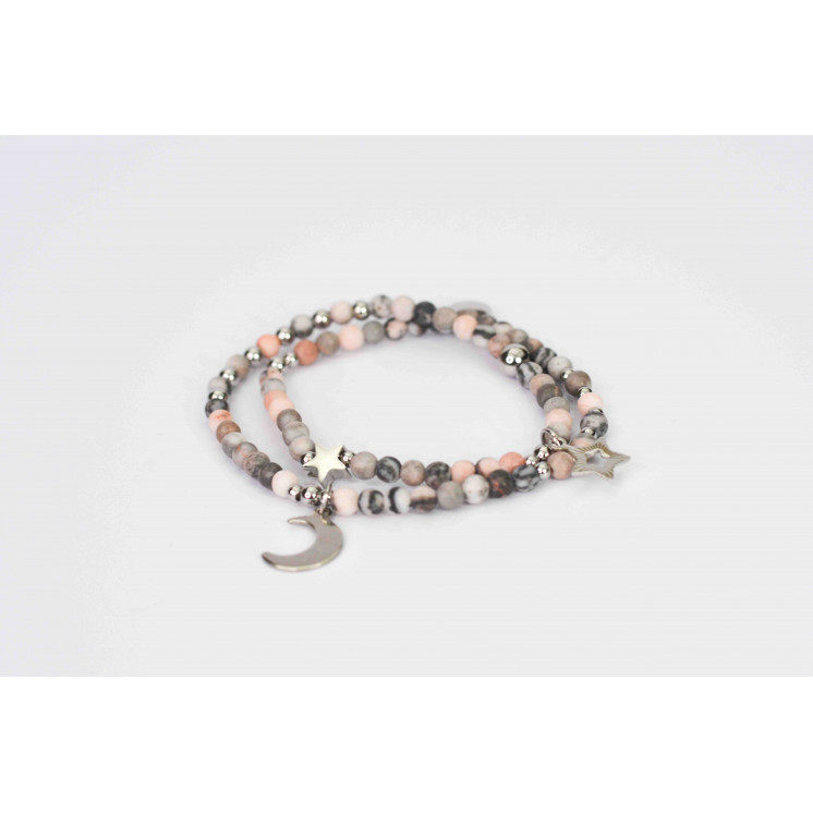Bracelet LINA Double - Jaspe Zébra rose mate Étoile et lune