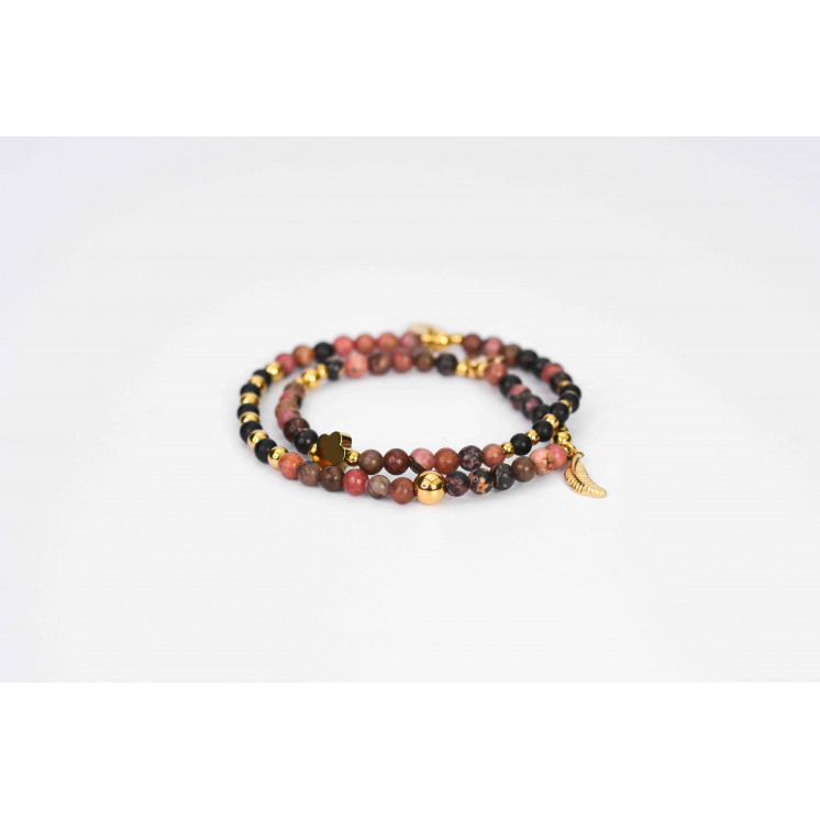 Bracelet LINA Double Motifs Cactus fleur   Rhodonite  Onyx noire