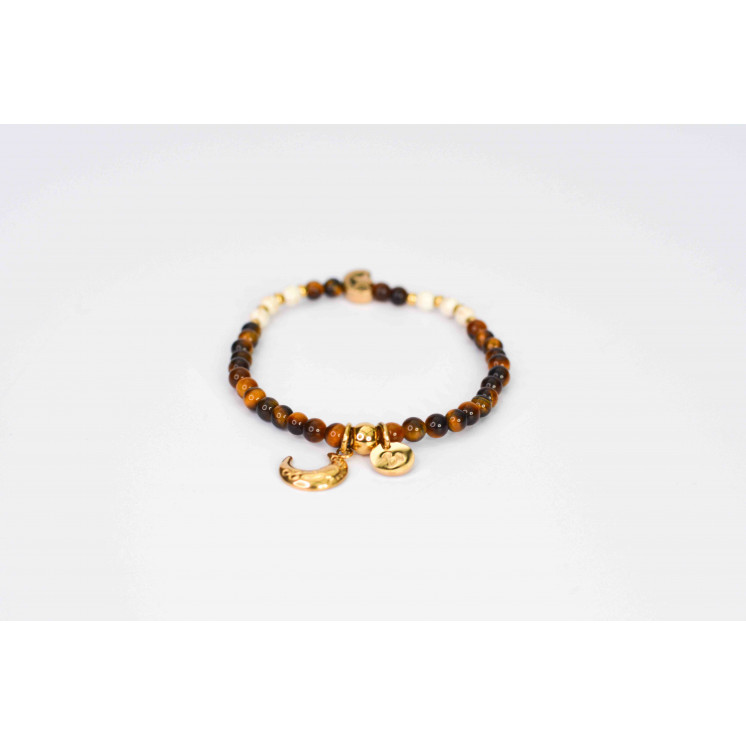 Bracelet LINA Simple  Motifs Lune et étoile Oeil de Tigre et Howlite