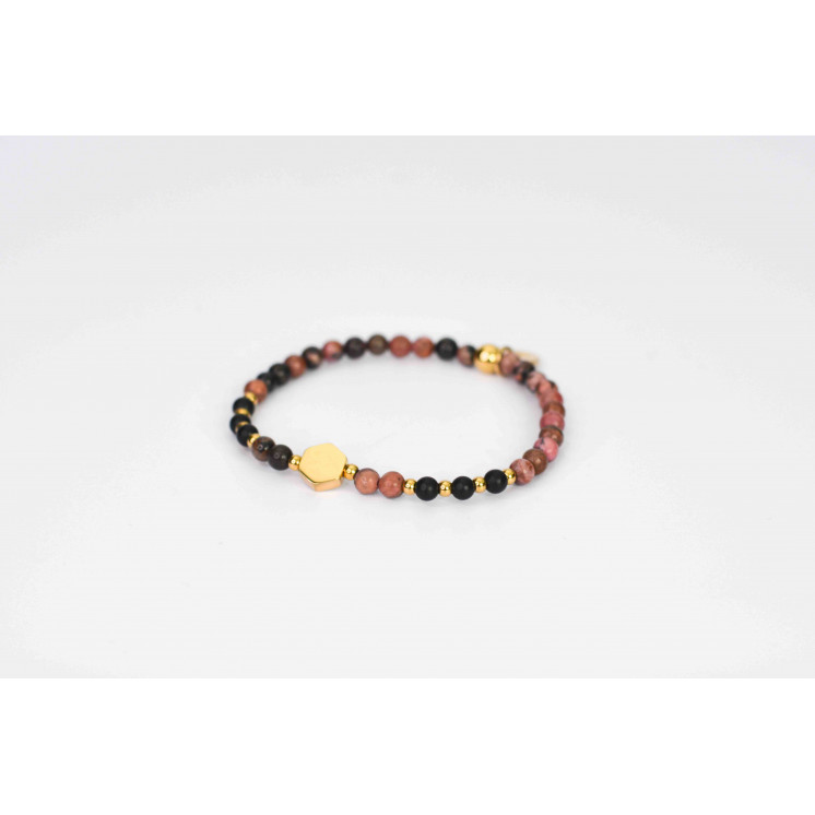 Bracelet LINA Simple  Motif perle Hexagonale en Rhodonite  Onyx noire