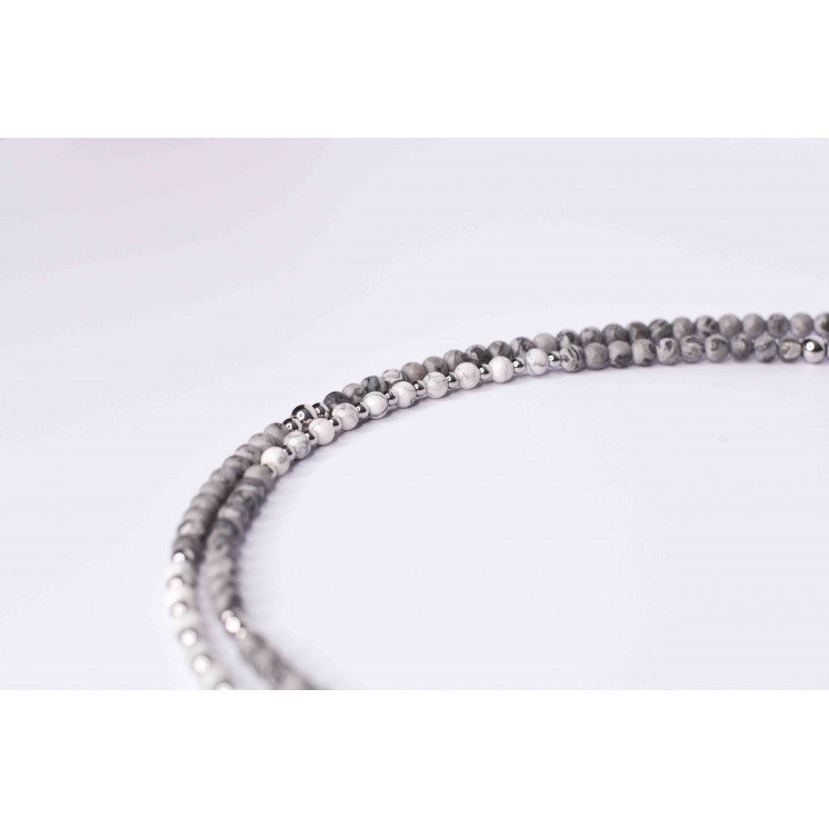 Collier LIV - Jaspe grise mate et Howlite blanche