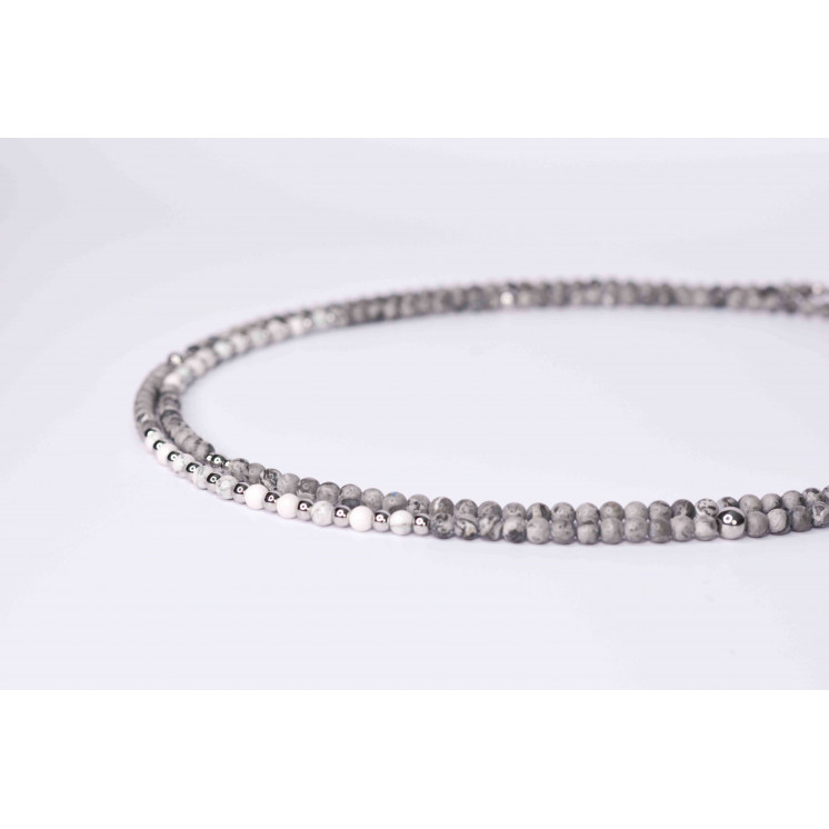 Collier LIV - Jaspe grise mate et Howlite blanche