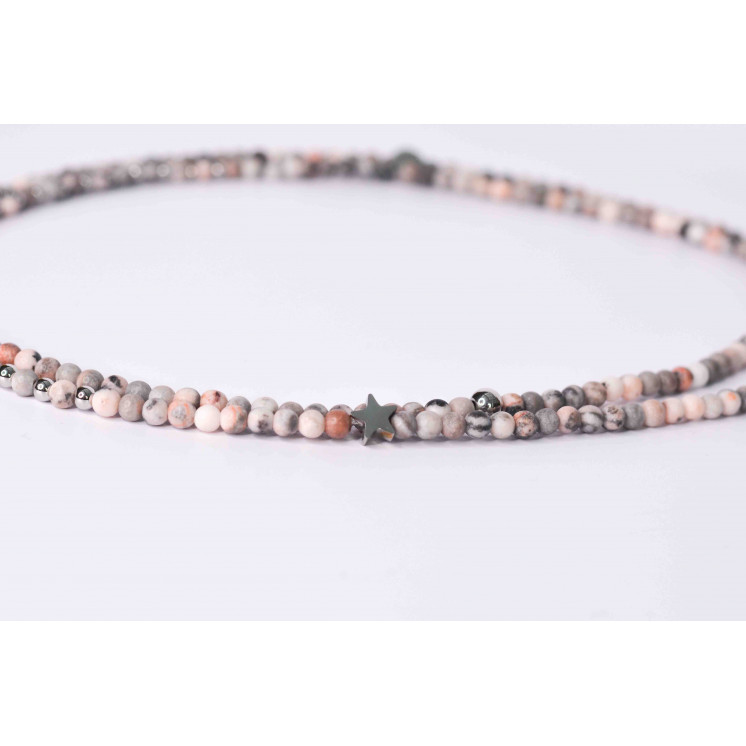 Collier LIV - Motifs Étoile et lune en Jaspe Zebra rose mate