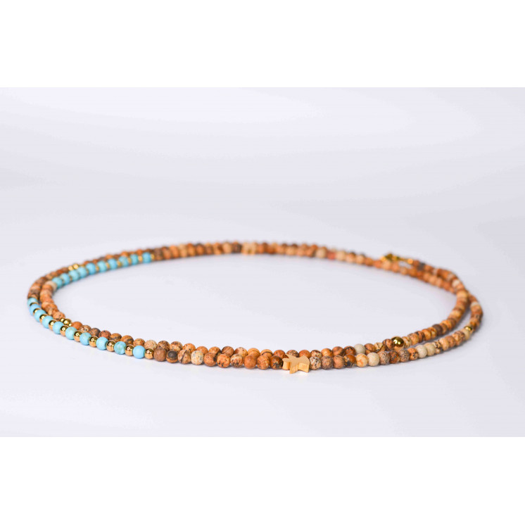 Collier LIV  Motifs Trèfle et ange en Jaspe Paysage  et Turquoise mate