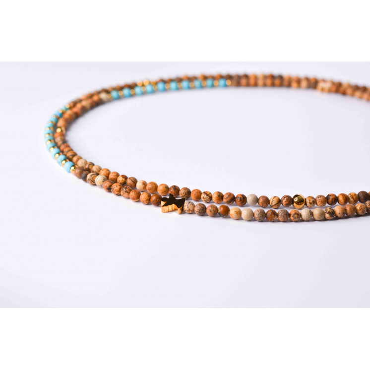 Collier LIV  Motifs Trèfle et ange en Jaspe Paysage  et Turquoise mate
