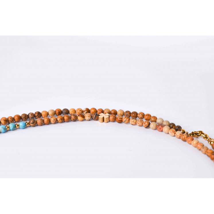 Collier LIV  Motifs Trèfle et ange en Jaspe Paysage  et Turquoise mate