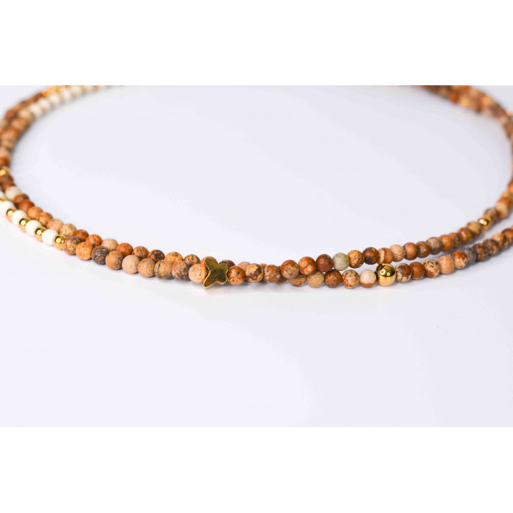 Collier LIV - Motifs Fleur et papillon en Jaspe Paysage et Howlite