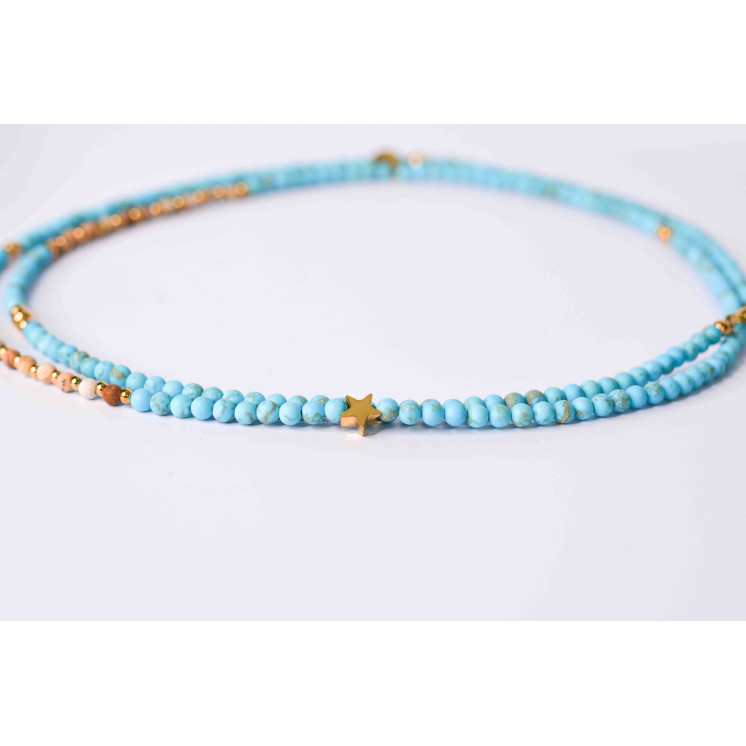Collier LIV  Motifs Étoile et lune en Turquoise et Jaspe Paysage mate