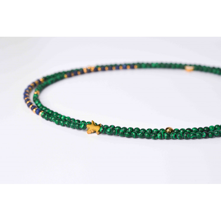 Collier LIV - Motifs Cœur et ange en Malachite et Lapis-lazuli mate