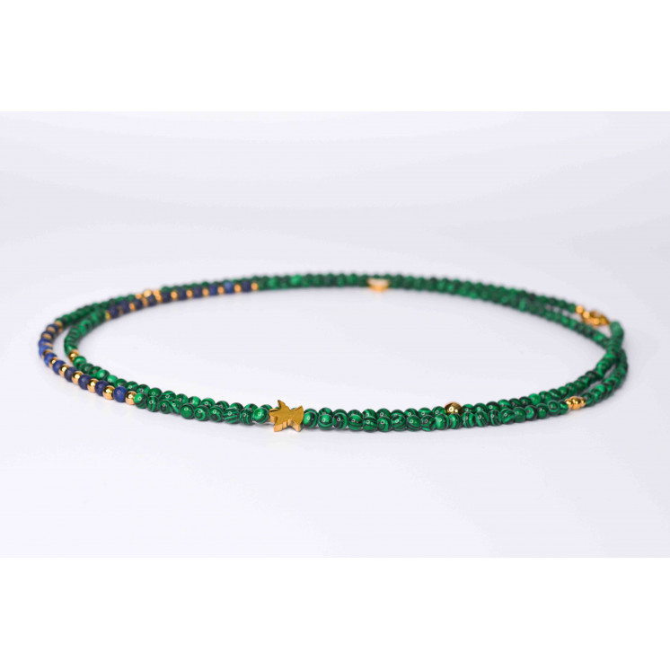Collier LIV - Motifs Cœur et ange en Malachite et Lapis-lazuli mate