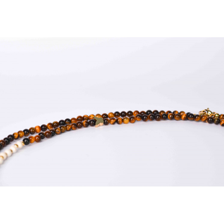 Collier LIV - Motifs Papillon et fleur en Œil de Tigre et Howlite
