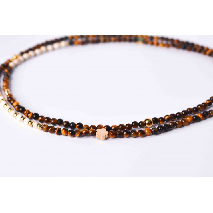 Collier LIV - Motifs Papillon et fleur en Œil de Tigre et Howlite
