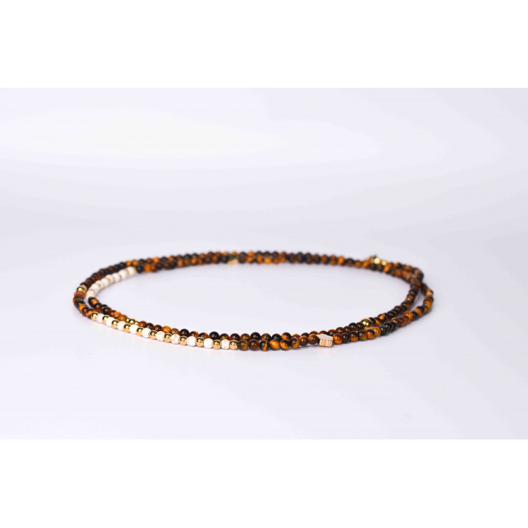 Collier LIV - Motifs Papillon et fleur en Œil de Tigre et Howlite