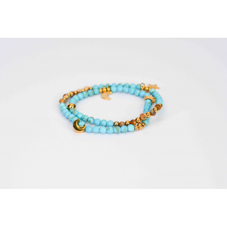 Bracelet LINA - Turquoise et Jaspe Paysage mate Etoile et lune