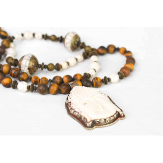 Collier Ethnique - Grand Modèle Tête de Bouddha - Œil de Tigre Howlite