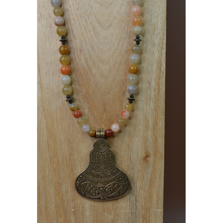 Collier ethnique- Cloche - Jade jaune orangée