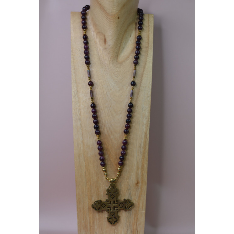 Collier ethnique- Croix éthiopienne - Grenat
