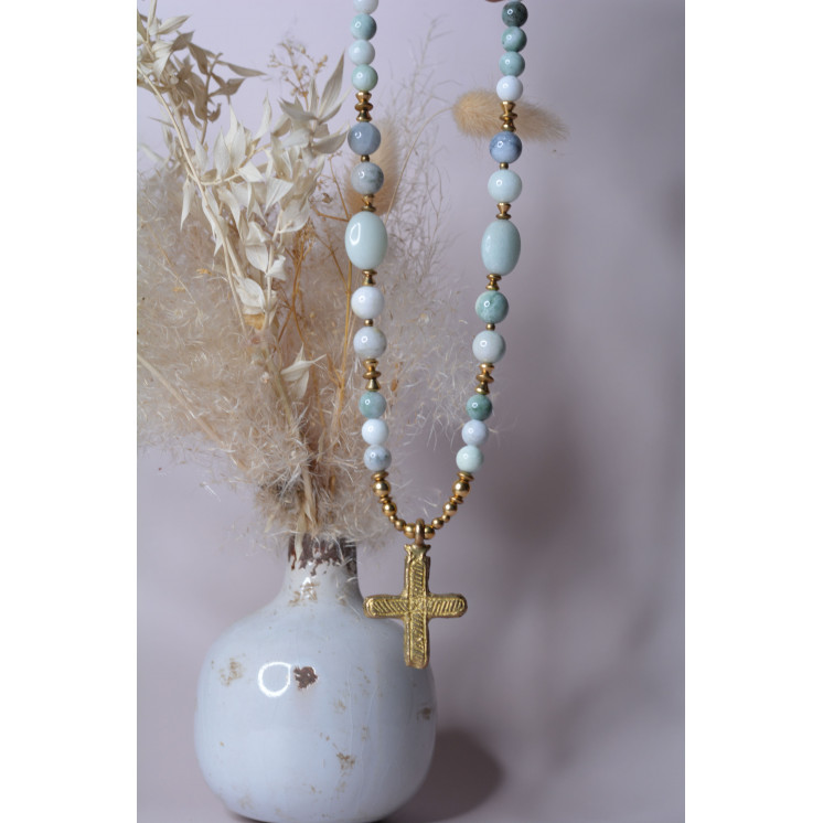 Collier ethnique- Croix - Petit modèle - Jade de Birmanie