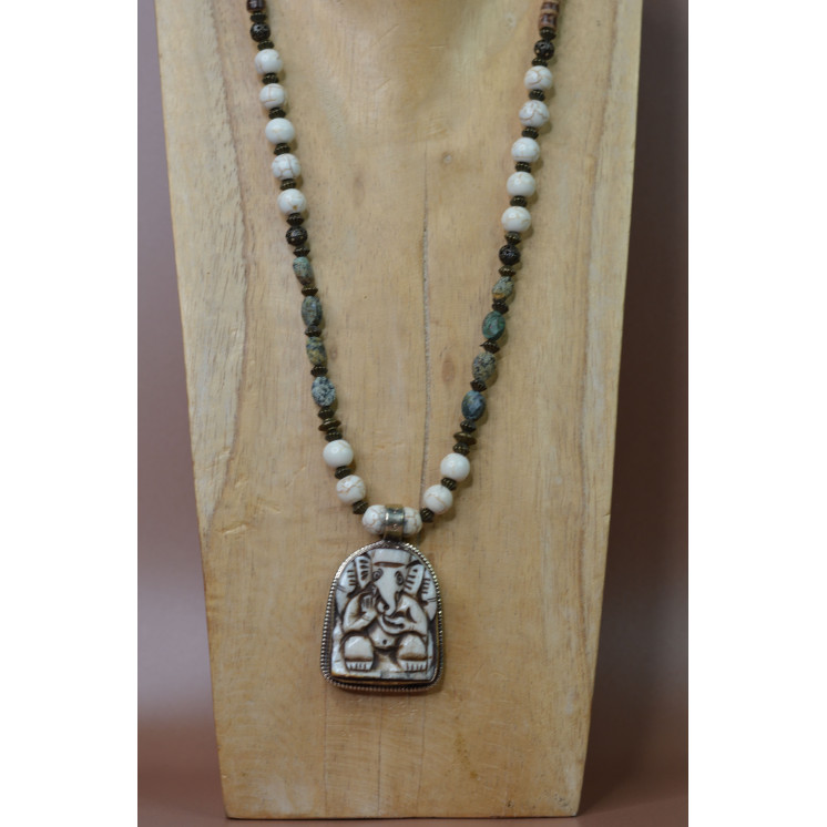 Collier Ethnique - Petit Modèle Ganesh - Howlite et Turquoise Africain