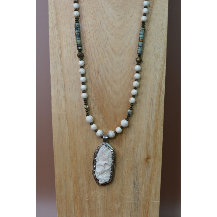 Collier Ethnique - Moyen Modèle Ganesh - Howlite et Turquoise Africain