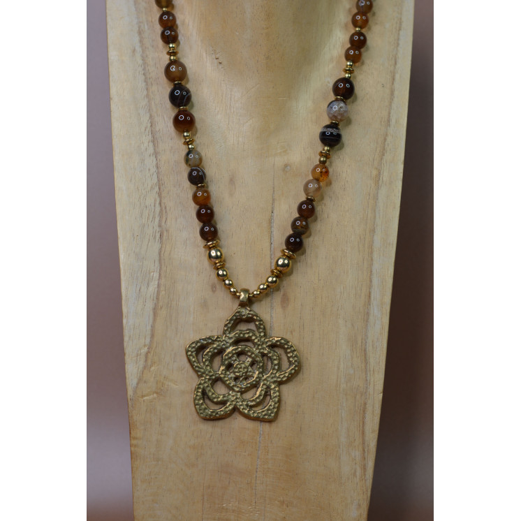 Collier ethnique - fleur - Agate marron