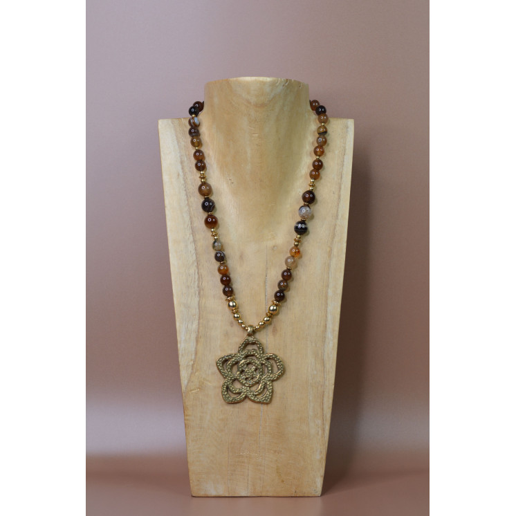 Collier ethnique - fleur - Agate marron