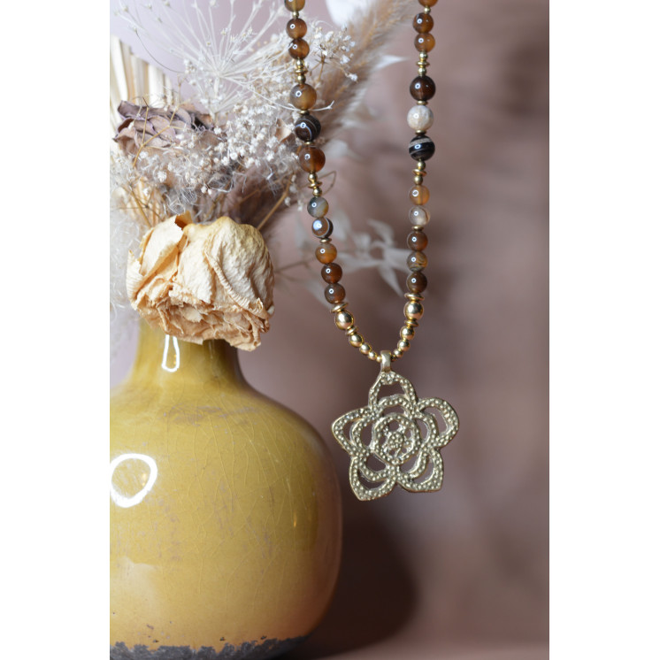 Collier ethnique - fleur - Agate marron