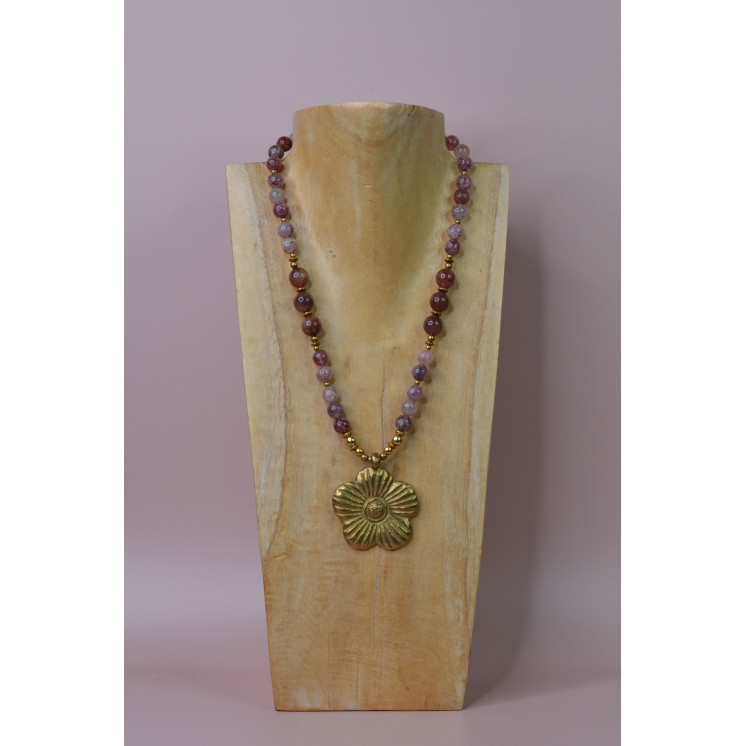 Collier ethnique - fleur 2 - Quartz Strawberry