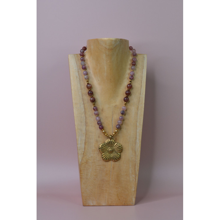 Collier ethnique - fleur 2 - Quartz Strawberry