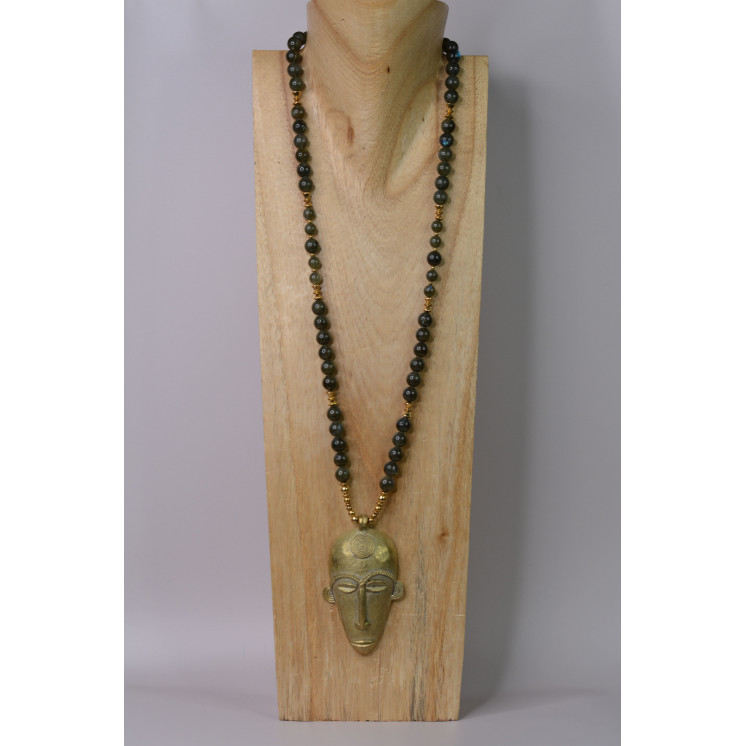 Collier ethnique- masque GM - Labradorite kaki