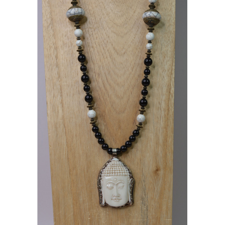 Collier Ethnique - Grand Modèle Tête de Bouddha - Onyx noire  Howlite