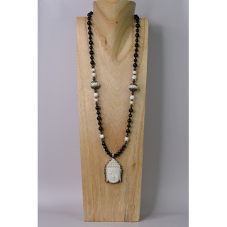 Collier Ethnique - Grand Modèle Tête de Bouddha - Onyx noire  Howlite