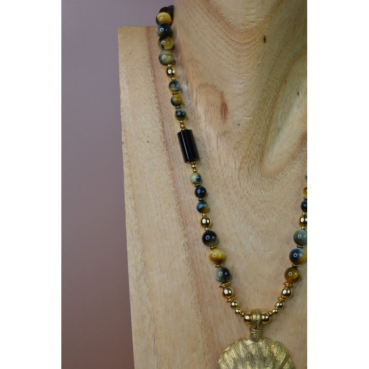Collier ethnique- tête de lion - Œil de tigre bleue et jaune