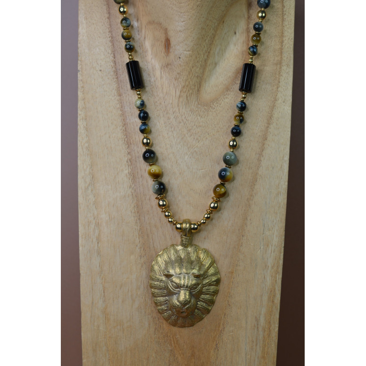 Collier ethnique- tête de lion - Œil de tigre bleue et jaune