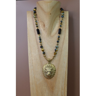 Collier ethnique- tête de lion - Œil de tigre bleue et jaune