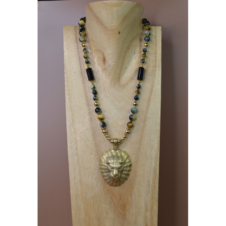 Collier ethnique- tête de lion - Œil de tigre bleue et jaune
